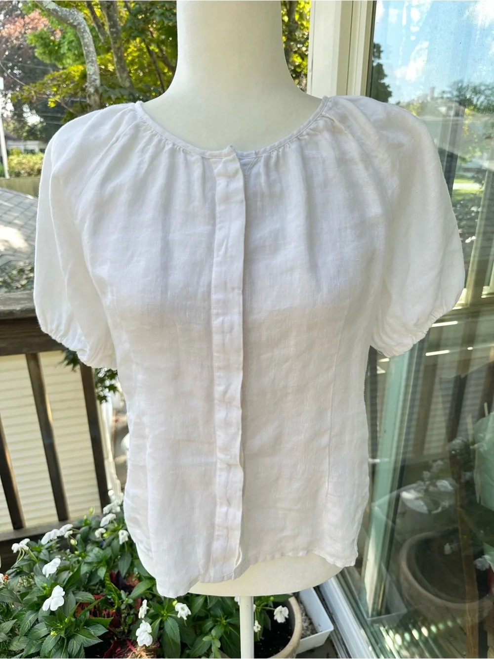 J.Crew White 100% Linen Puff Sleeve V-Back Tie Top Blouse Sz 4 Cottagecore